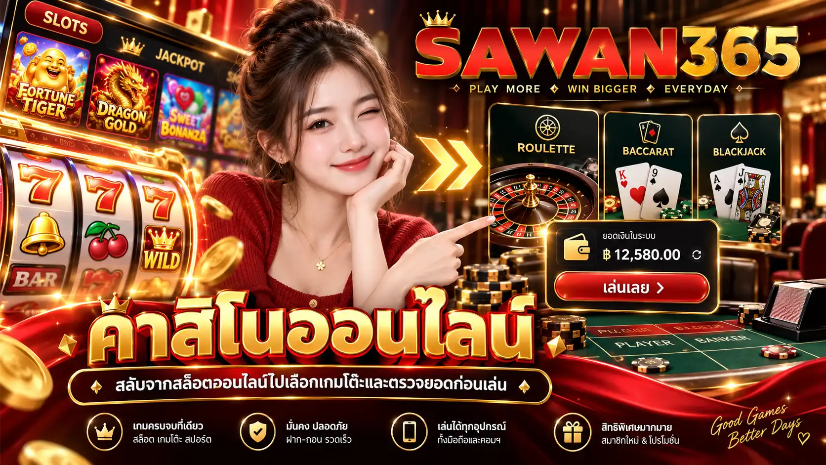 คาสิโนออนไลน์ sawan365 สลับจากสล็อตออนไลน์ไปเลือกเกมโต๊ะและตรวจยอดก่อนเล่น